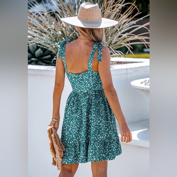 🆕 NWT Teal CUPSHE Dress - Chiffon Speckled Print Tie Strap Mini Dress ☀️ - Picture 2 of 4